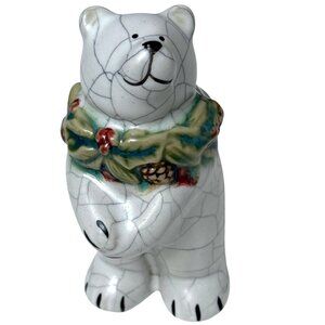 Holiday Polar Bear Figurine Rustic Ceramic w/ Holly Accent Christmas Decor 5"